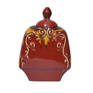 Red Ceramic Lidded Decorative Jar Earthy Scrollwork Drip Glaze Tuscan Style